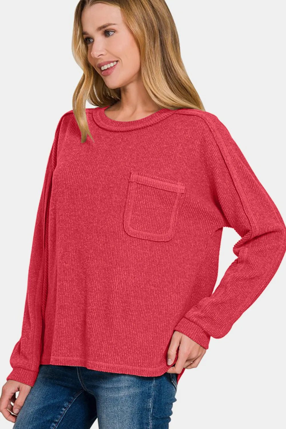 Zenana Full Size Contrast Stitching Brushed Ribbed Hacci Knit Top - Bela Fils BoutiqueBela Fils Boutique
